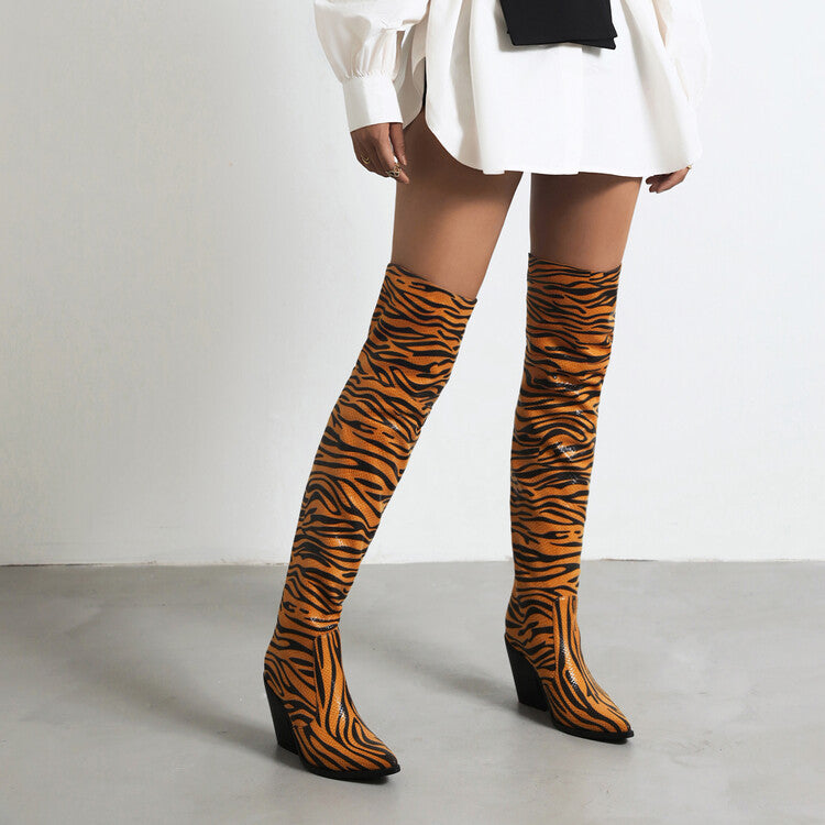 Womens Pointed Toe Over The Knee Thigh Boots Chunky High Heel Tiger Pattern Mixed Colors Long Shoes Plus Size New