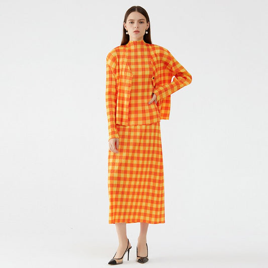 Pleated Orange Plaid Cropped Blazer Sets Winter Women 3 Piece Skirt Suits Elegant Aesthetic Clothes