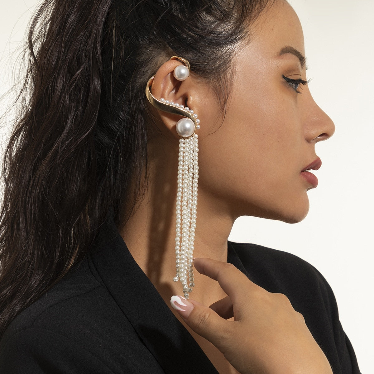 One Piece Korean Long Tassel Earrings Girls No Ear Piercing Full Pearl Big Clip Earrings For Women Gift Jewelry Ear Cuff