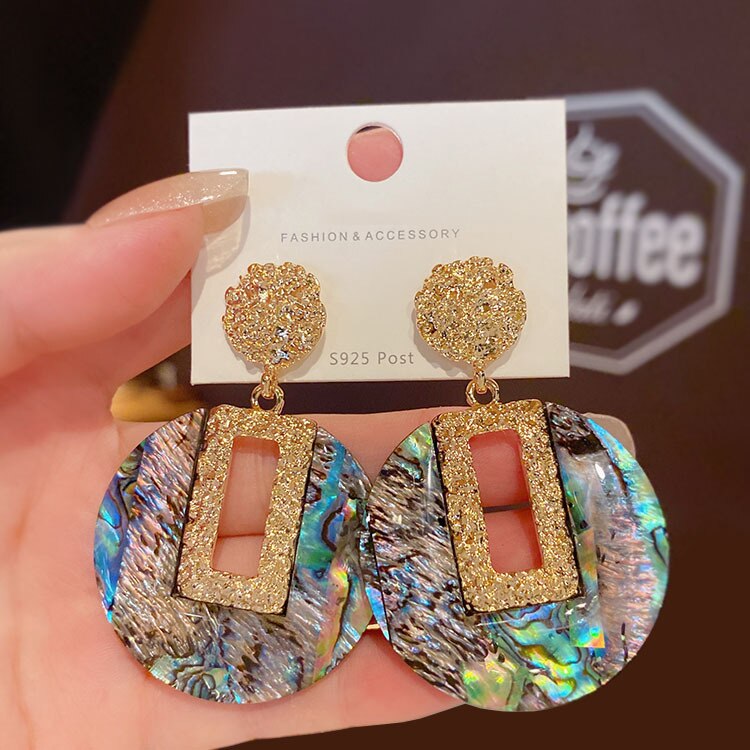 High sense of retro green geometric stitching earrings female niche design sense of atmospheric exaggerated earrings new