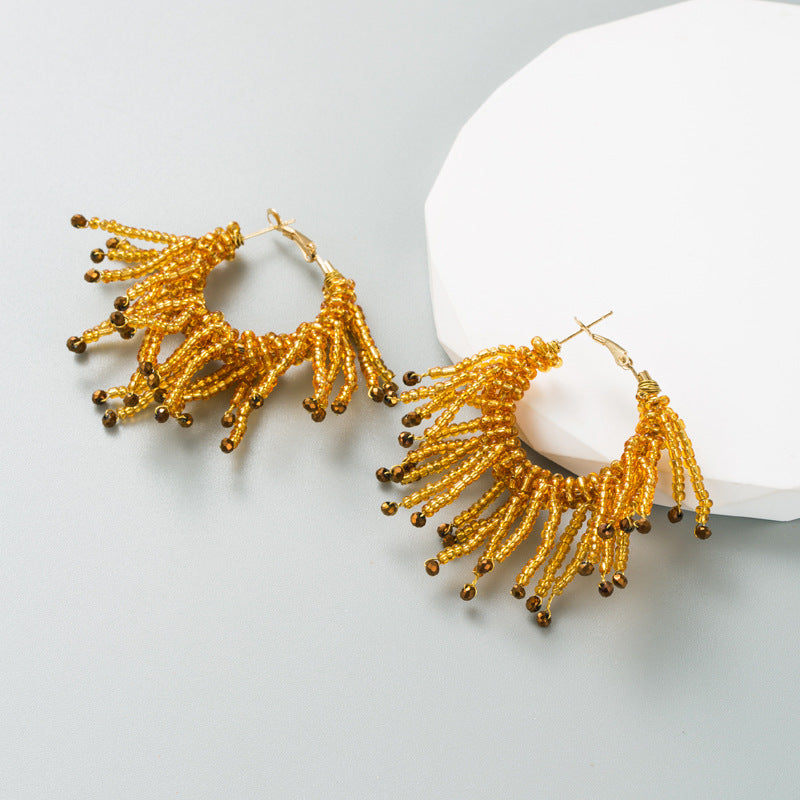 Ins Fashion Alloy Studded Rice Bead Earrings Bohemian Advanced Tassel Earrings