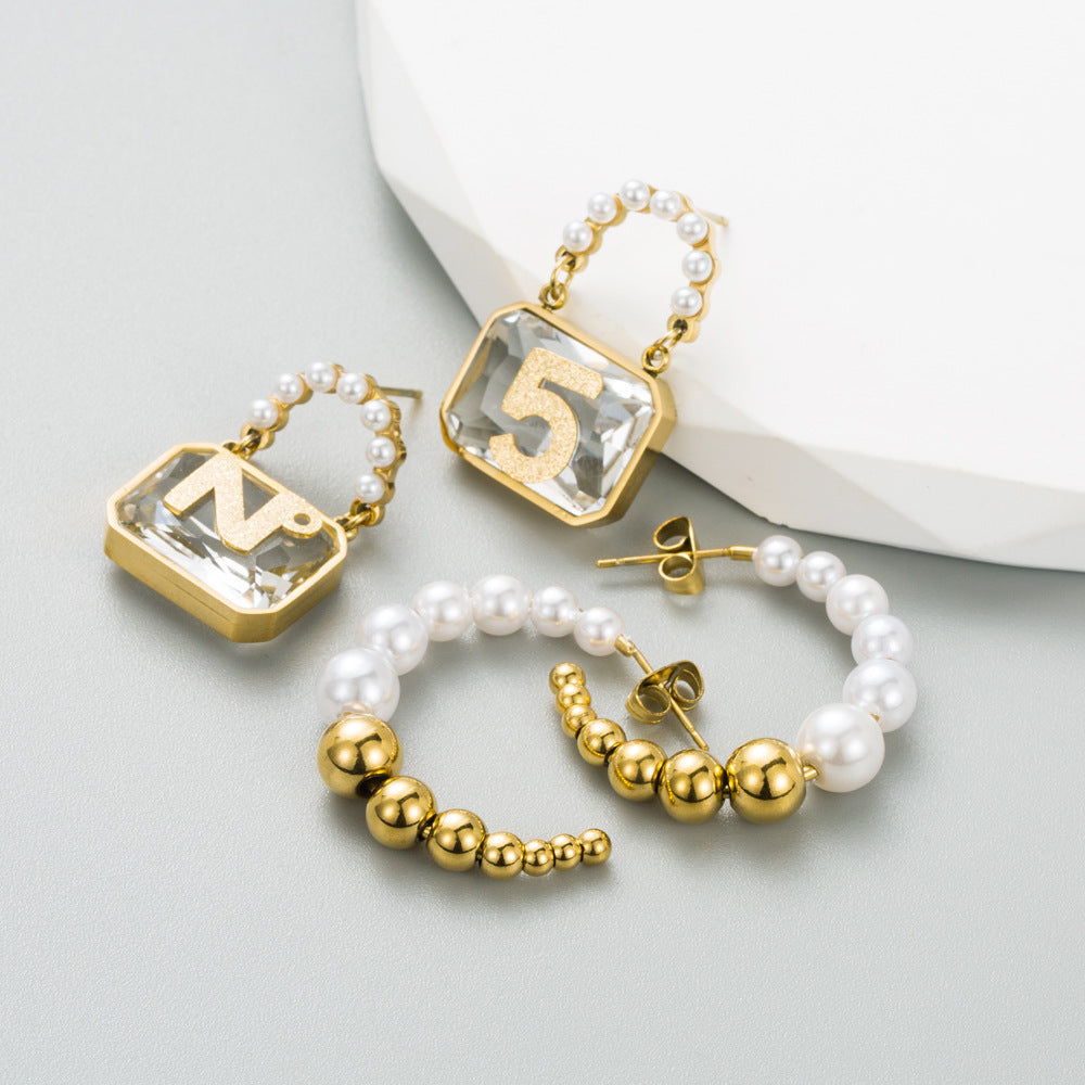 Trendy Titanium Steel Earrings Ins Fashion Gold Luxury Creative Handbag Temperament Pearl Earrings