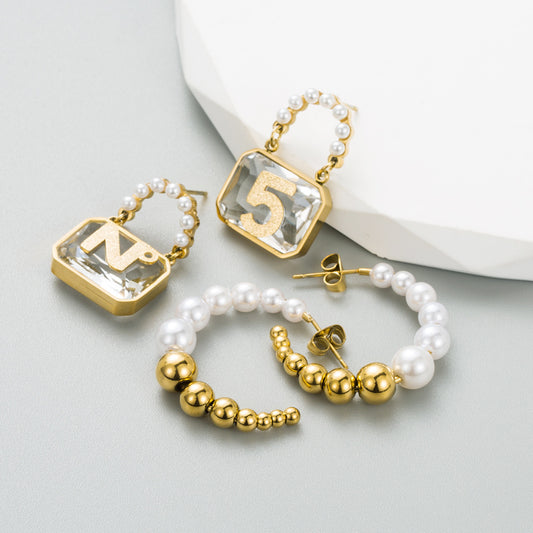 Trendy Titanium Steel Earrings Ins Fashion Gold Luxury Creative Handbag Temperament Pearl Earrings