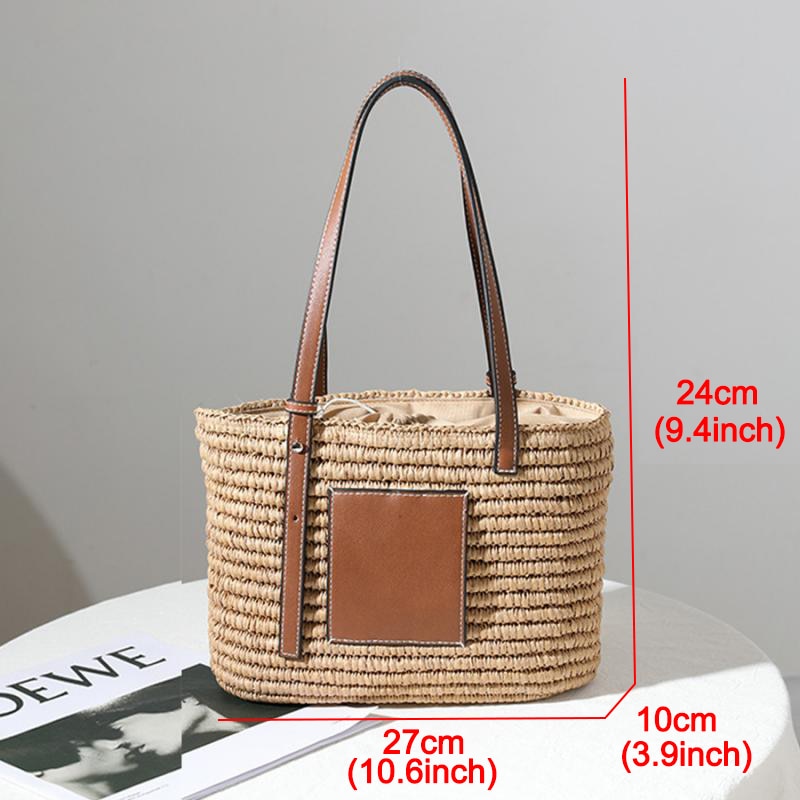 Bohemian Straw Splice PU Leather Women Shoulder Bag Natural Handmade Rattan Handbags Women's Bag Large Capacity Beach Straw Tote