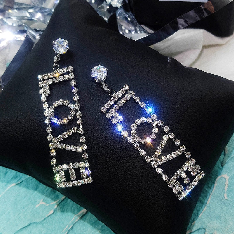 LOVE Letter Big Crystal Drop Earrings Gold Silver Color Rhinestone Dangle Earrings for Women Wedding Party Jewelry