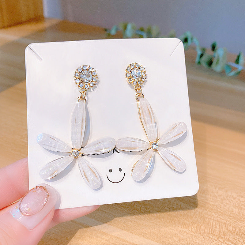 S925 Silver Needle Flower Asymmetric Earrings Women's Fashion Earrings Temperament Long Acrylic Immortal Flower Earrings
