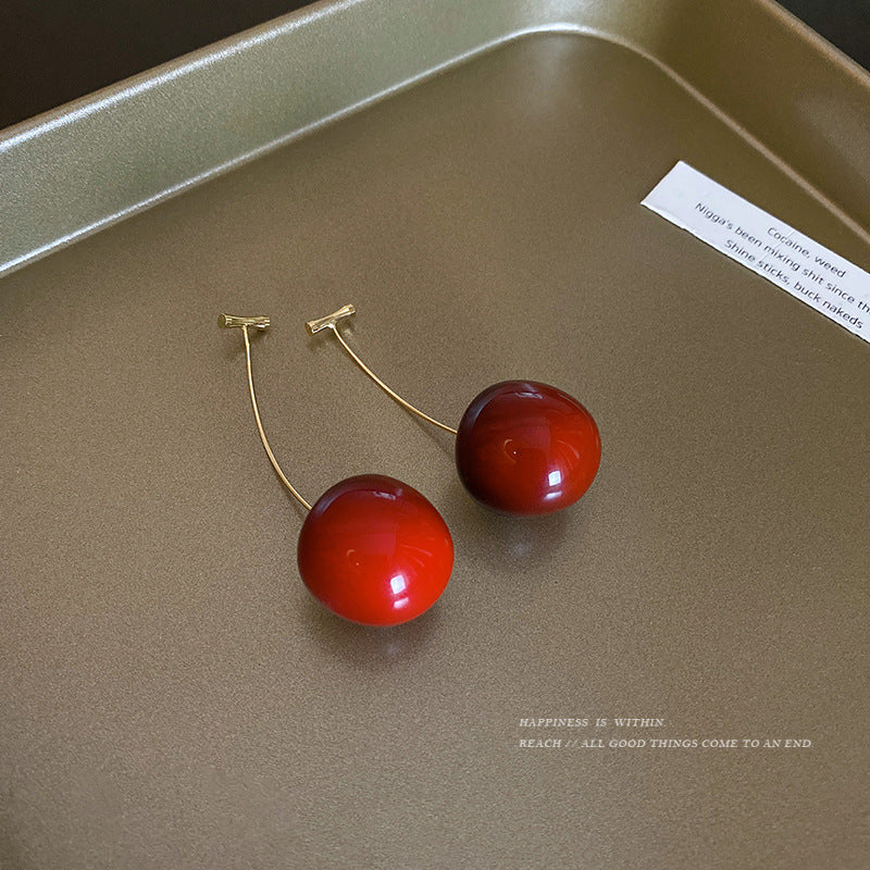 Japanese And Korean Long Red Cherry Earrings Female Sweet Girl Heart Earrings Simple Gentle Style Autumn And Winter Earrings