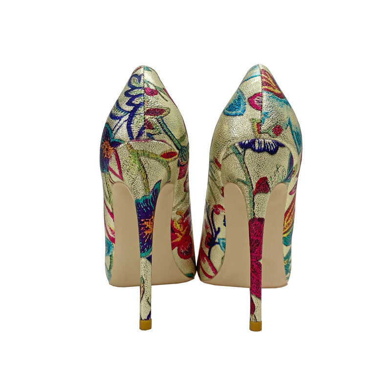 Gold Embroidered Graffiti High Heel Shoes Pointed Thin Heel Shallow Mouth Shoes Women's Shoes
