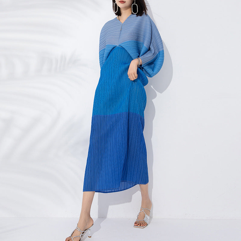 Elegant Pleated Dress For Women V-neck Batwing Sleeves Contrast Color Patchwork Dresses Female Clothes