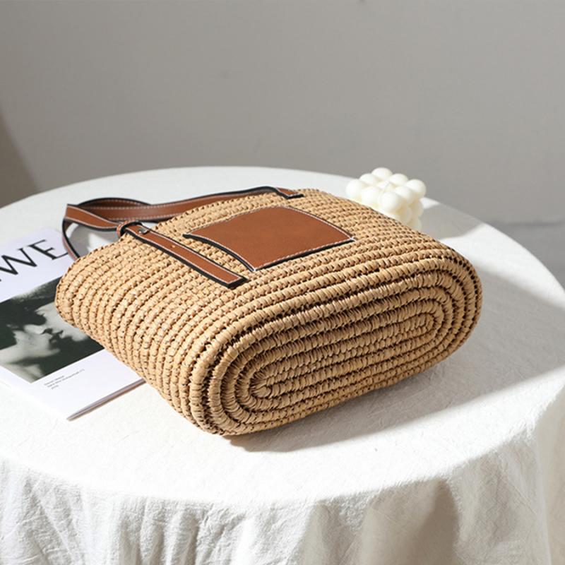 Bohemian Straw Splice PU Leather Women Shoulder Bag Natural Handmade Rattan Handbags Women's Bag Large Capacity Beach Straw Tote