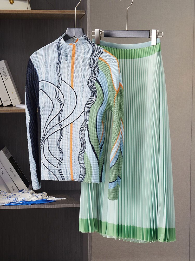 Fashion Loose Pleated Pants Sets O Neck Full Sleeves Print Top And Elastic Waist Color Block Spring