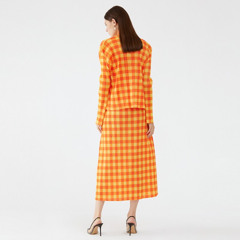 Pleated Orange Plaid Cropped Blazer Sets Winter Women 3 Piece Skirt Suits Elegant Aesthetic Clothes