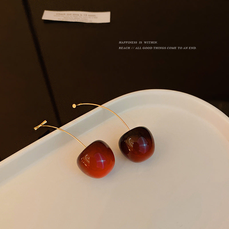 Japanese And Korean Long Red Cherry Earrings Female Sweet Girl Heart Earrings Simple Gentle Style Autumn And Winter Earrings