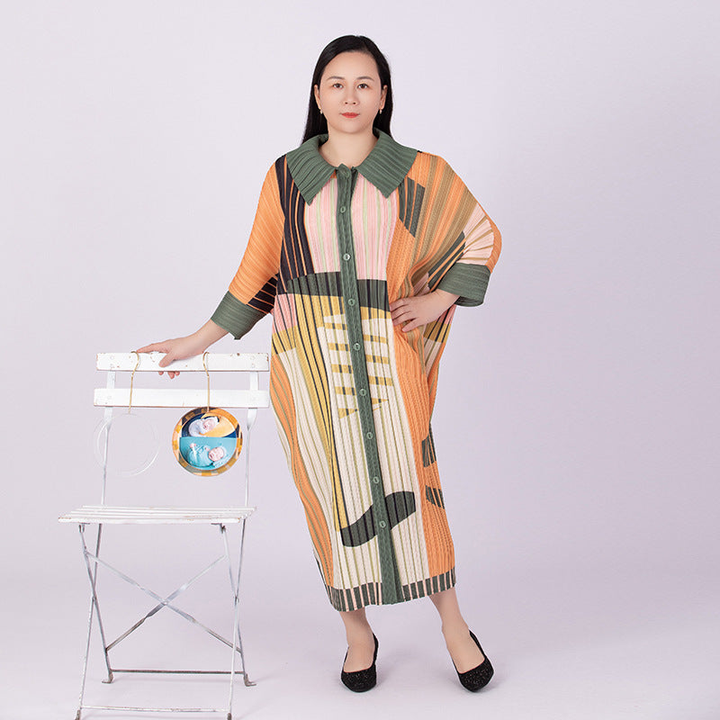 Batwing Sleeve Pleated Dress For Women Single Breasted Contrast Color Dresses Lady Clothes