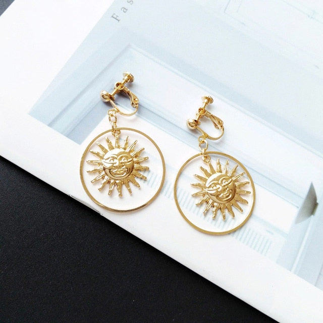 Handmade Gold Sun Apollo Helios Drop Earrings Geometric Loop Sun Face Dangle Earrings for Women