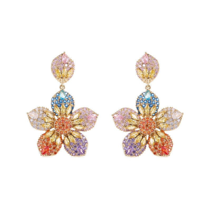 Heavy Industry Full Zirconia Flower Colored Earrings