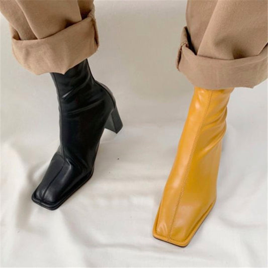 Yellow Square Toe Women Ankle Boots Chunky High Heel Elastic Boot Female Slim Fit Sock Boots Fashion