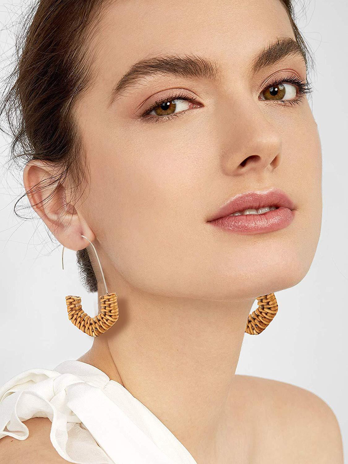 Rattan Earrings Handmade Wicker Woven Semi Hexagonal Earrings Light Earrings
