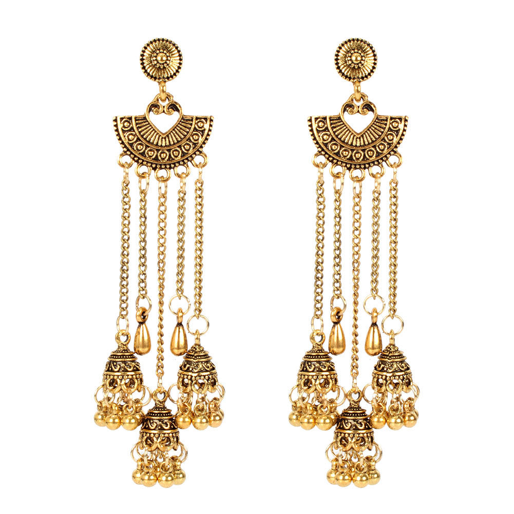 Alloy Tassel Long Earrings Heart-Shaped Fan Bell Earrings Ethnic Style Earrings Women