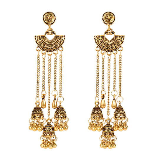 Alloy Tassel Long Earrings Heart-Shaped Fan Bell Earrings Ethnic Style Earrings Women