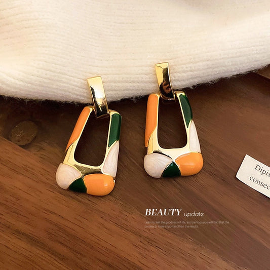 Minar Trapezoid Colorful Enamel Earring for Women Hollow Geometric Long Dangle Earrings Korean Style Party Jewelry