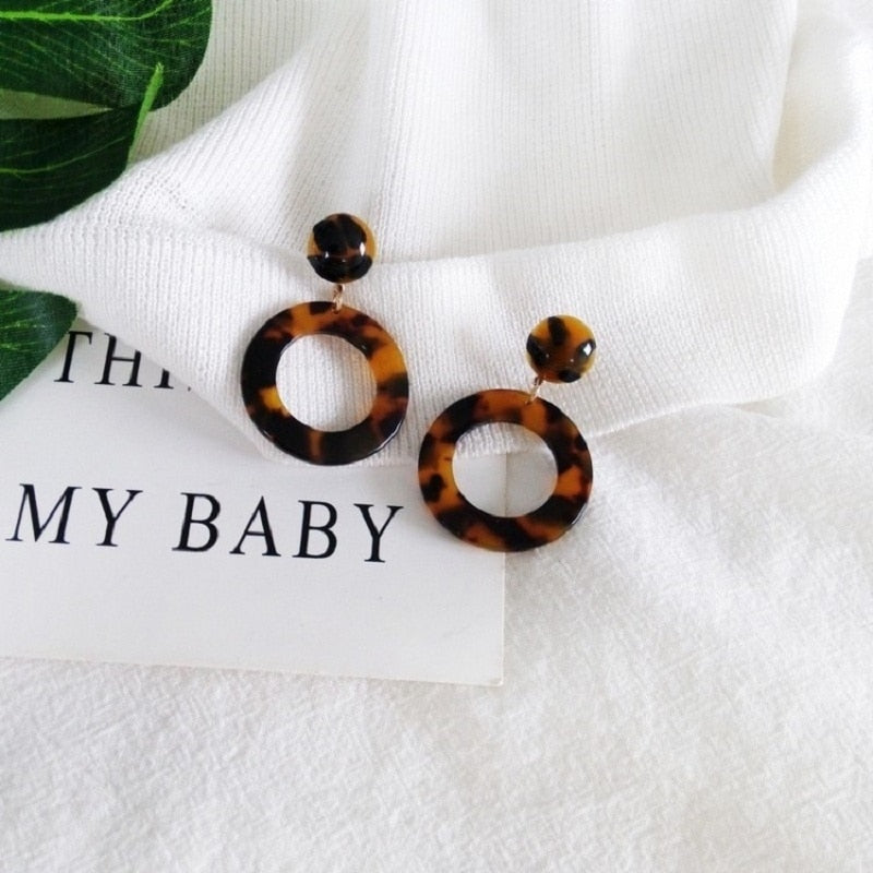 Leopard Acetate Earrings Personality Geometric Round Brown Acrylic Long Gangle Earrings