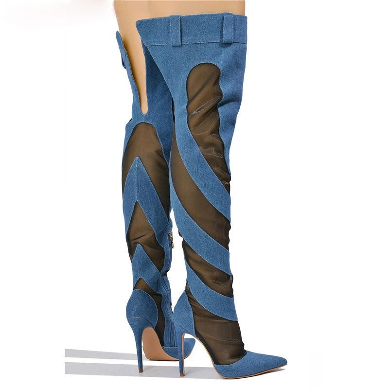 Fashion Denim Mesh Patchwork Thigh High Boots Women Autumn Pointed Toe Overknee Boots Sexy Ladies