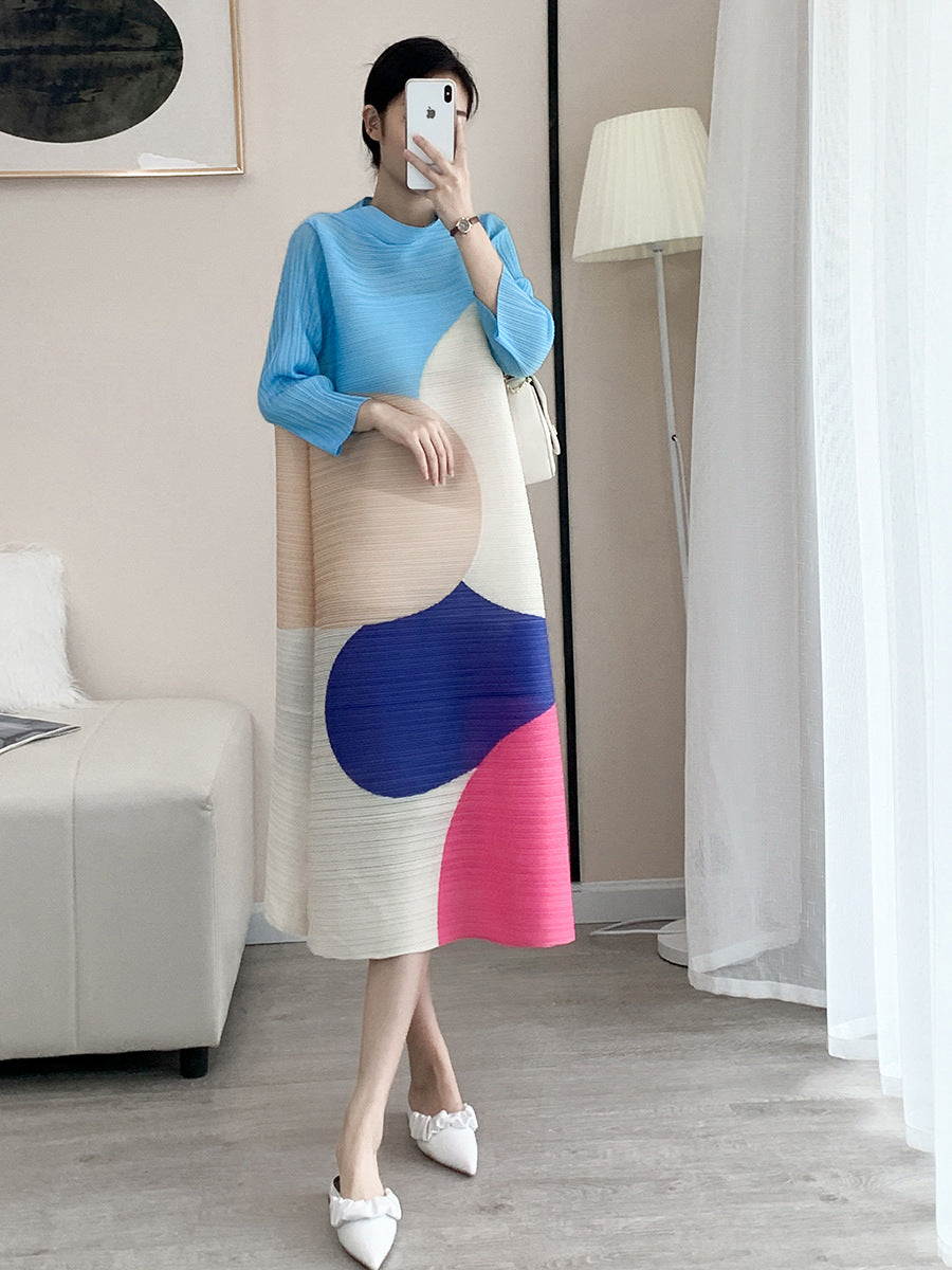 Pleated Dress For Women Long Sleeves Turtleneck Color Block Print Loose Fashion Dresses Female Party Clothing