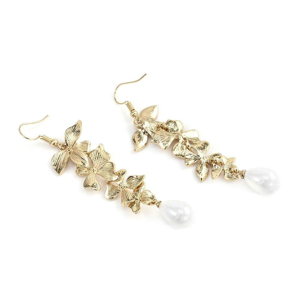 Women Lady Gold Orchid Matte Flower Pendant Long Dangle Hook Earrings Jewelry Gift