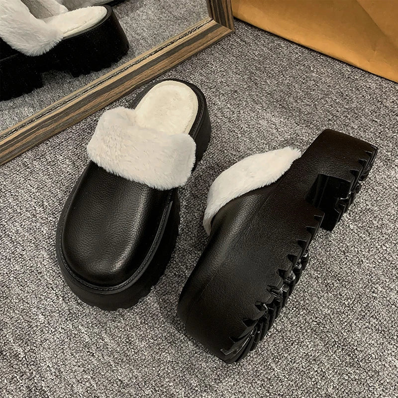 Winter Women Slippers 5cm Platform Clogs Warm Furry Slippers Fur Indoor Home Cotton Shoes Female Fluffy Slides Plush Slippers