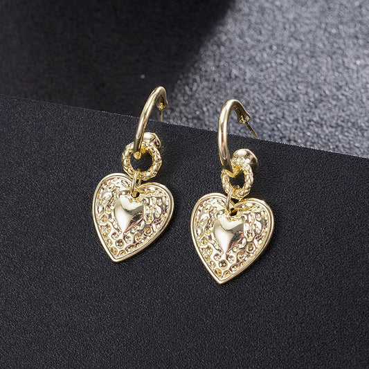 Fashion heart-shaped pendant metal texture design simple and versatile retro French temperament personality female earrings