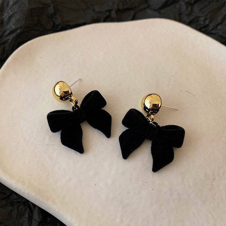 French retro black plush bow earrings female Korean personality all-match simple temperament fashion earrings