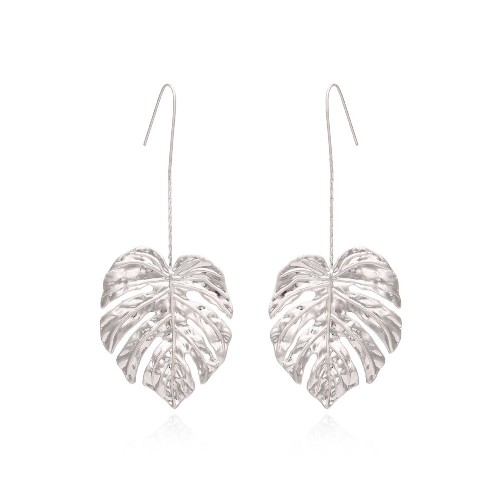 Vintage Alloy Long Leaf Earrings European and American Hollow Metal Leaf Earrings Women's Earrings