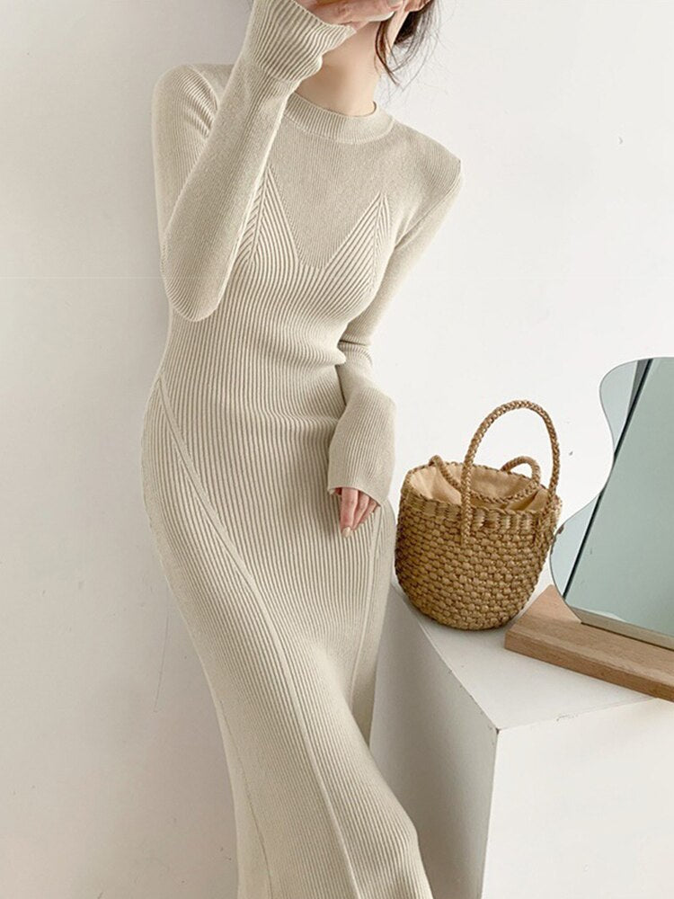 Women Fashion Simple Slim Dress Long Sleeve Solid O-Neck Woman Knitted Dress Autumn Vintage Mid-Calf Skinny Dress