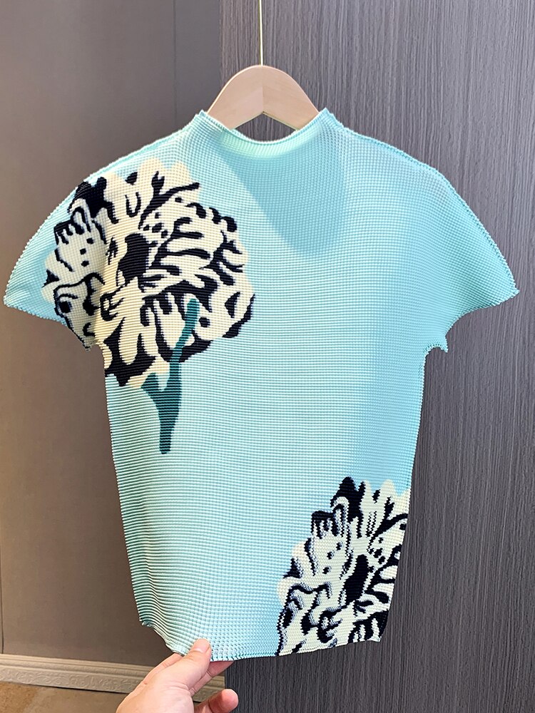 Cause Pleated T-shirt Round Neck Short Printed Flower Tops High Waist Fold Fashion Skirts  Summer