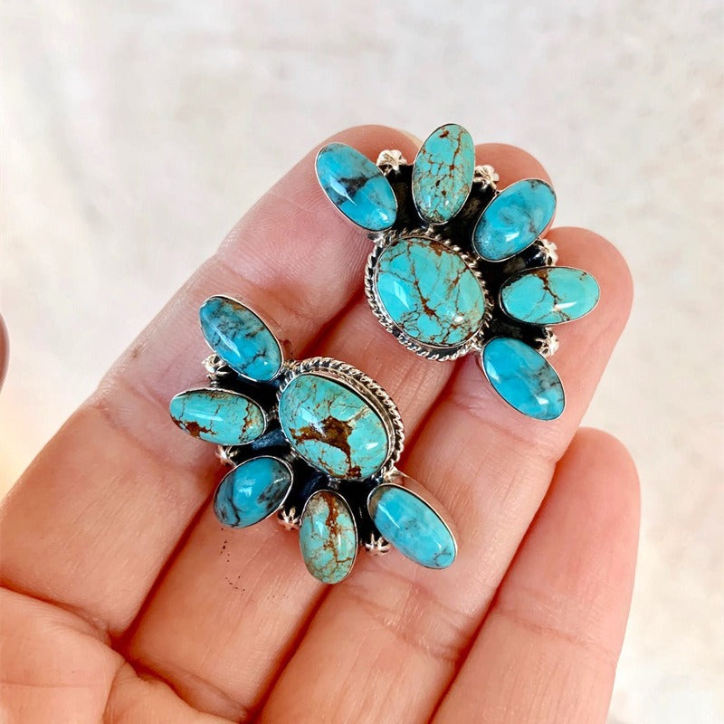Bohemian Style Retro Geometric Flowers With Turquoise Exaggerated Earrings Earrings