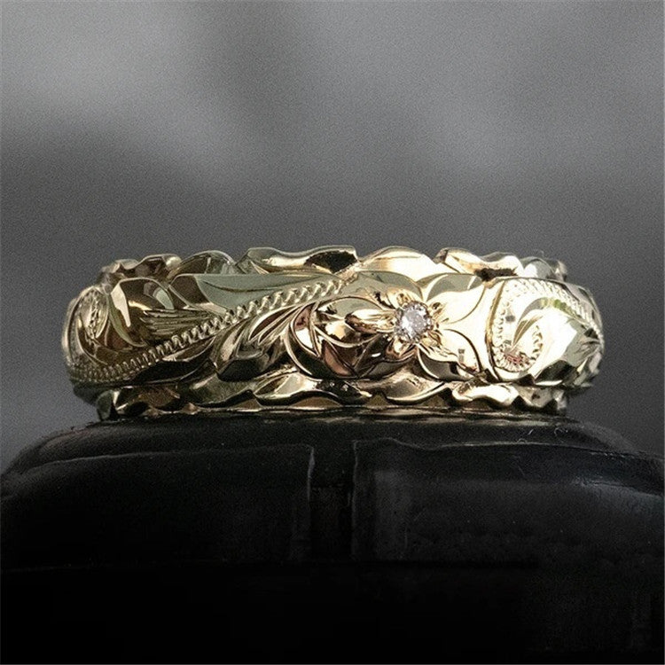 New plated 14k yellow gold suspended engraving rose flower ring jewelry tail ring women