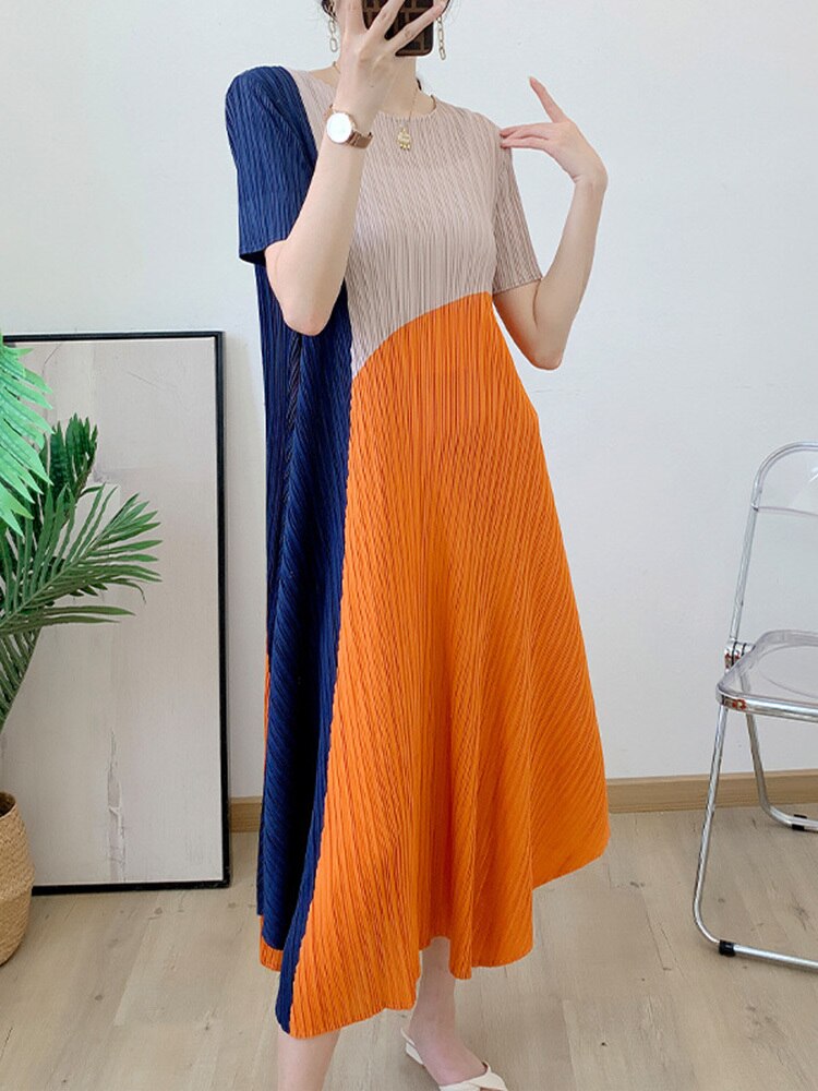 Pleated Dress For Women Contact Color Round Neck Short Sleeves A-line Dresses Casual Female Clothing