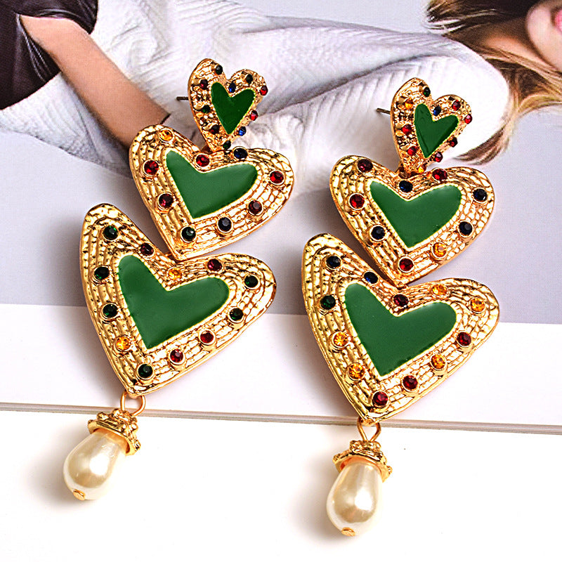 Fashion Earrings Metal Diamond Heart Pearl Earrings Jewelry