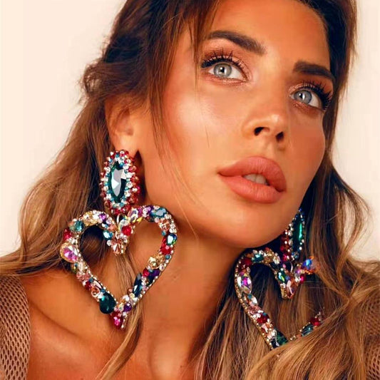 Popular Heart Shape Alloy Inlaid Colored Diamonds Retro Temperament Exaggerated Earrings Women Korean Trendy Super Flash Full Diamond Earrings