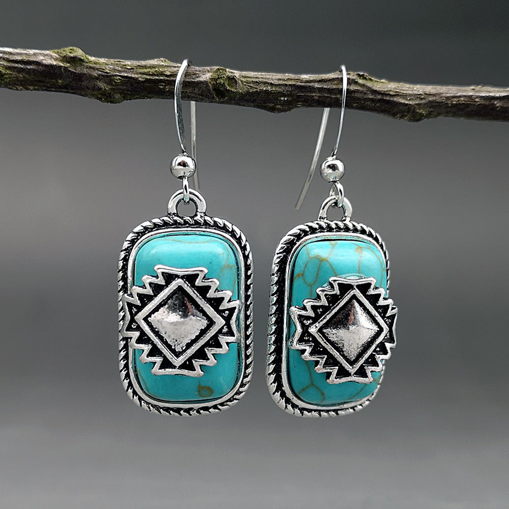 European and American National Shield Vintage Earrings 925 Green Turquoise Earrings