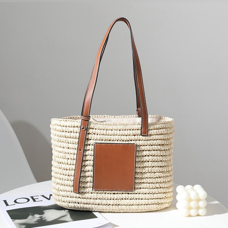 Bohemian Straw Splice PU Leather Women Shoulder Bag Natural Handmade Rattan Handbags Women's Bag Large Capacity Beach Straw Tote