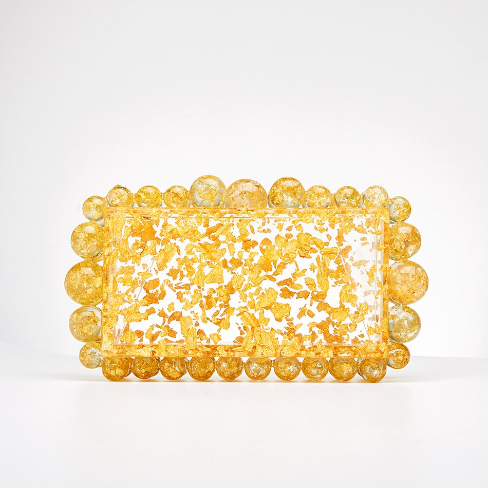 Women Clear Acrylic Box Evening Clutch Bags For Wedding Party Luxury Gold Foil Beads Purses And Handbags Designer High Quality