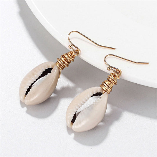 Handmade Natural Shell Drop Earrings Fashion Jewelry Bohemian Beach Gold Wire Twined Geometric Earrings for Women