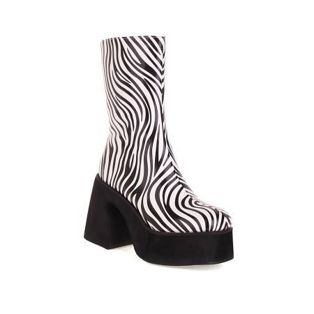 Cow Pattern Colorblock Platform Chunky High Heel Women's Mid Boots