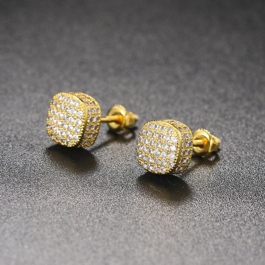 Hip Hop Style Full Zircon Threaded Earrings Men's And Women's Geometric Round Full Diamond Gold-Plated Earrings Hiphop Fashion Jewelry