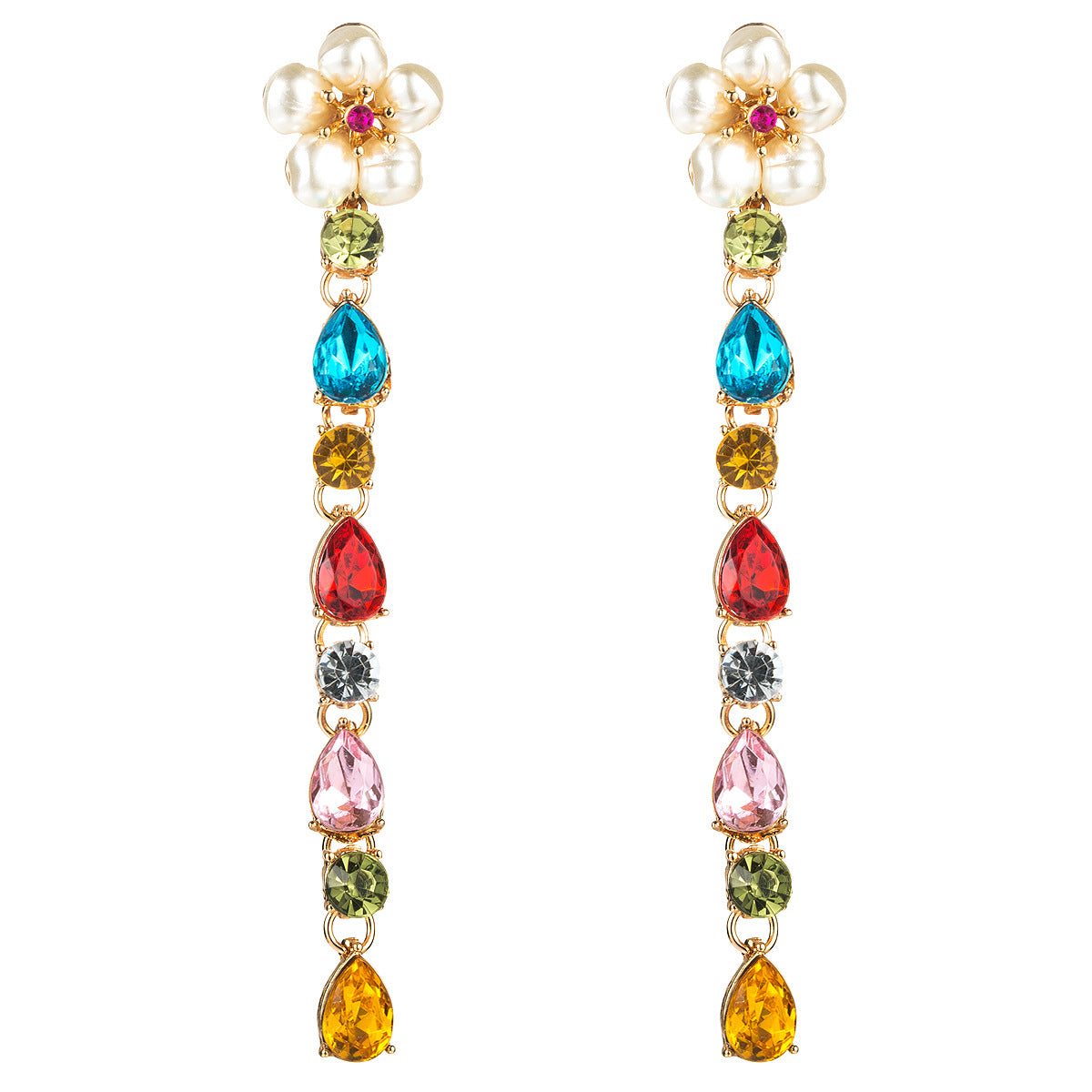 New Fashion Long Colored Diamond Earrings For Women Exaggerated Pearl Flower Earrings Creative Alloy Earrings