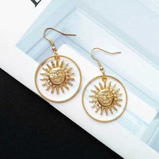 Handmade Gold Sun Apollo Helios Drop Earrings Geometric Loop Sun Face Dangle Earrings for Women