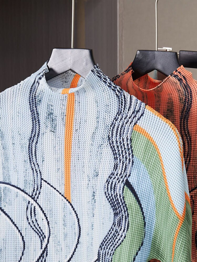 Fashion Loose Pleated Pants Sets O Neck Full Sleeves Print Top And Elastic Waist Color Block Spring