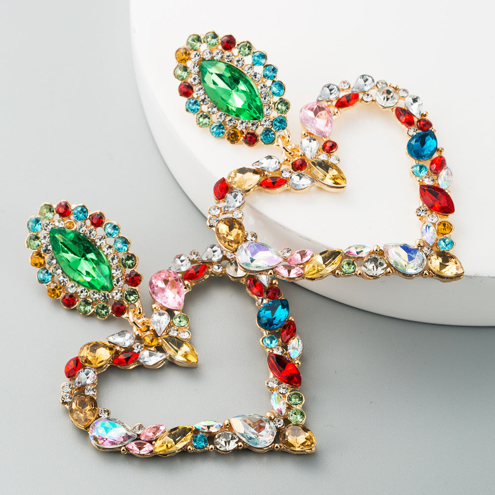Popular Heart Shape Alloy Inlaid Colored Diamonds Retro Temperament Exaggerated Earrings Women Korean Trendy Super Flash Full Diamond Earrings